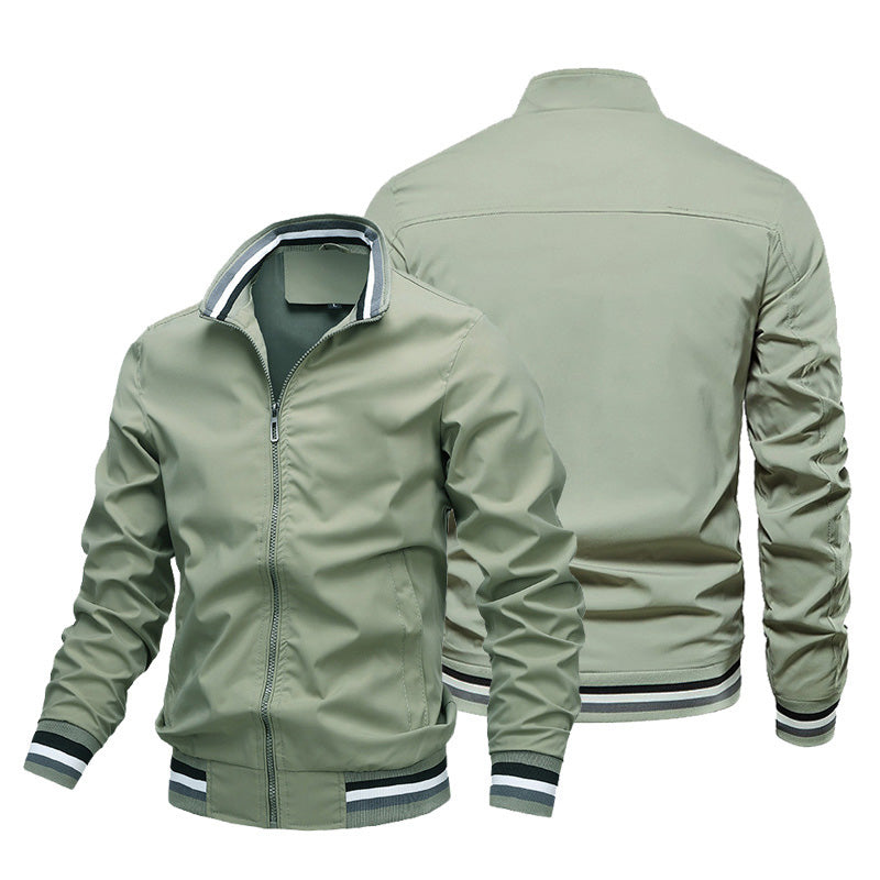 2026 New Men Striped Rib Stand Collar Bomber Jacket Solid Black Zip Up Lightweight Windbreaker Striped Cuff Hem Casual Baseball Coat Outdoor Daily Streetwear Outerwear